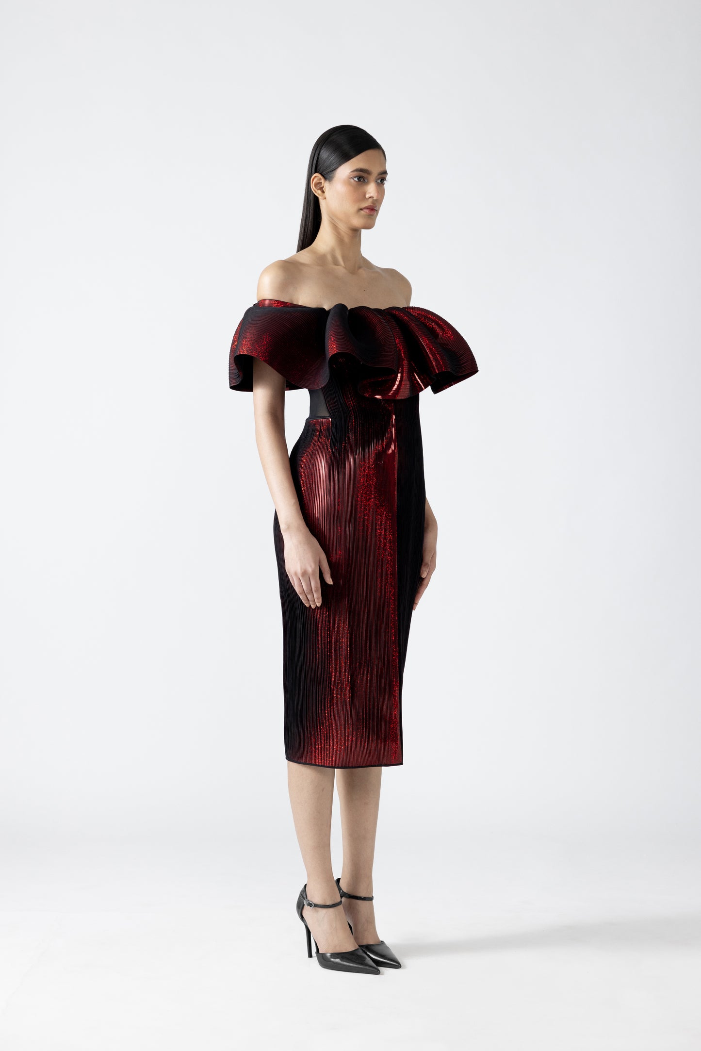 Moulded Metallic Ruffled Dress