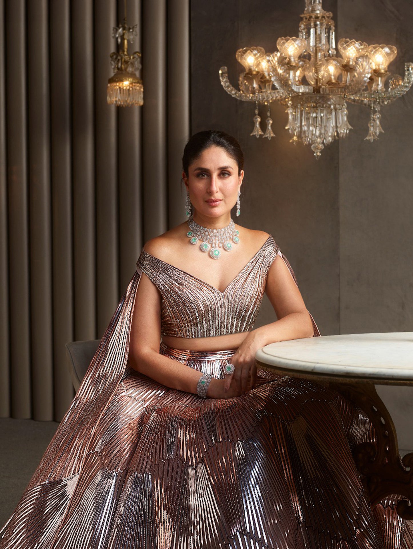 KAREENA KAPPOR IN STRUCTURED METALLIC LEHENGA WITH GLASS BEADS