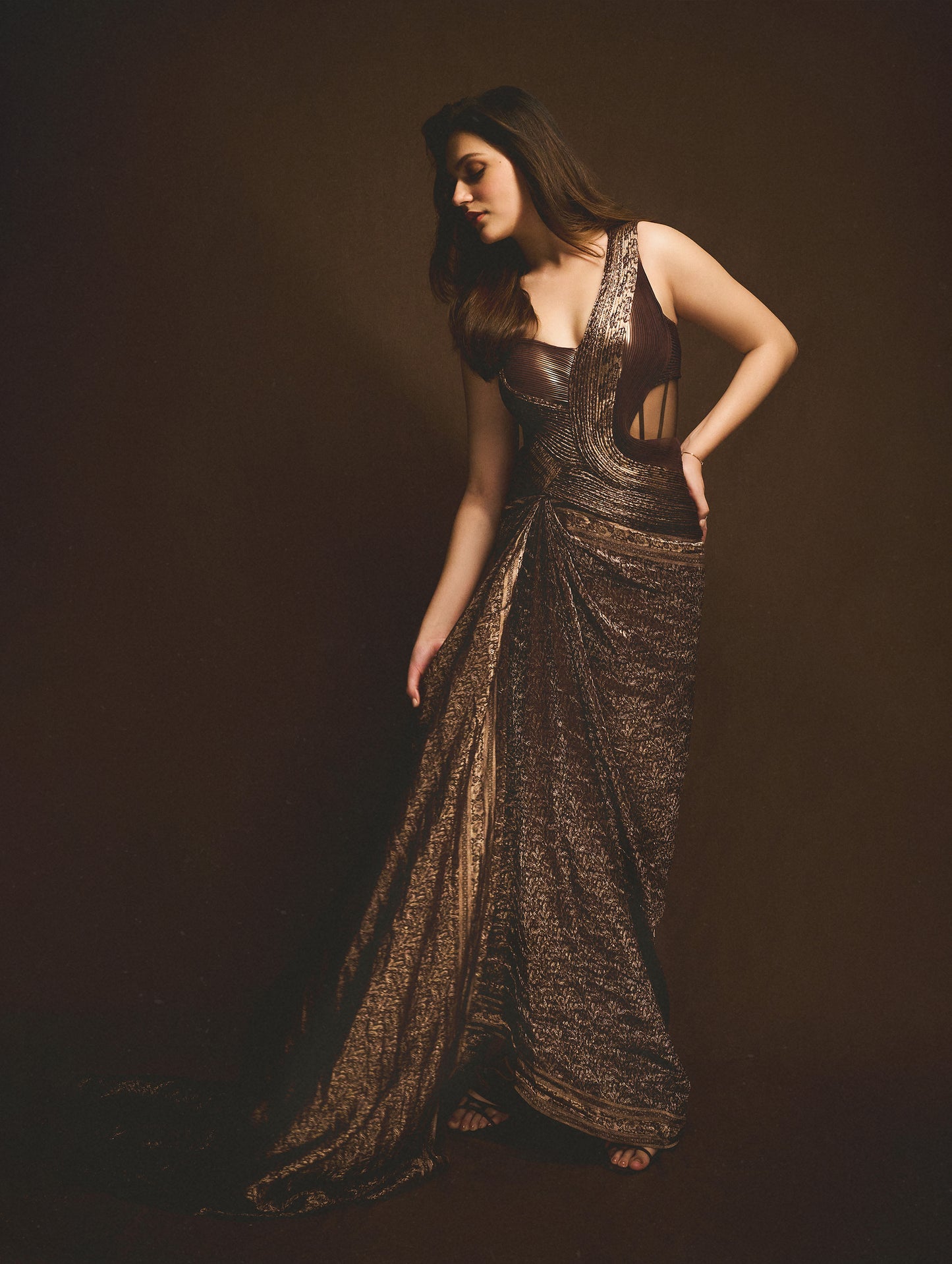 ANEET PADDA IN VINTAGE BANARSI ONE SHOULDER GOWN