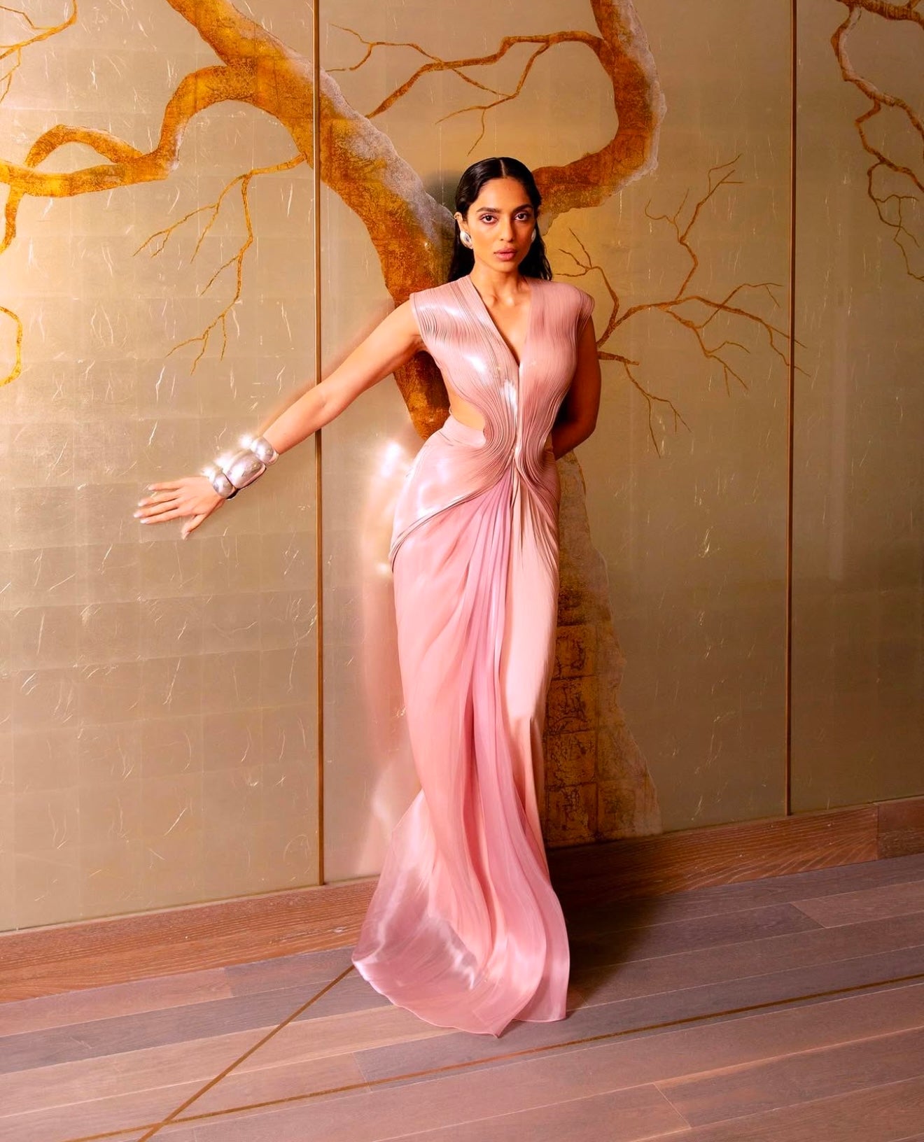 Sobhita Dhulipala in Metallic Micro Pleated Structured Gown