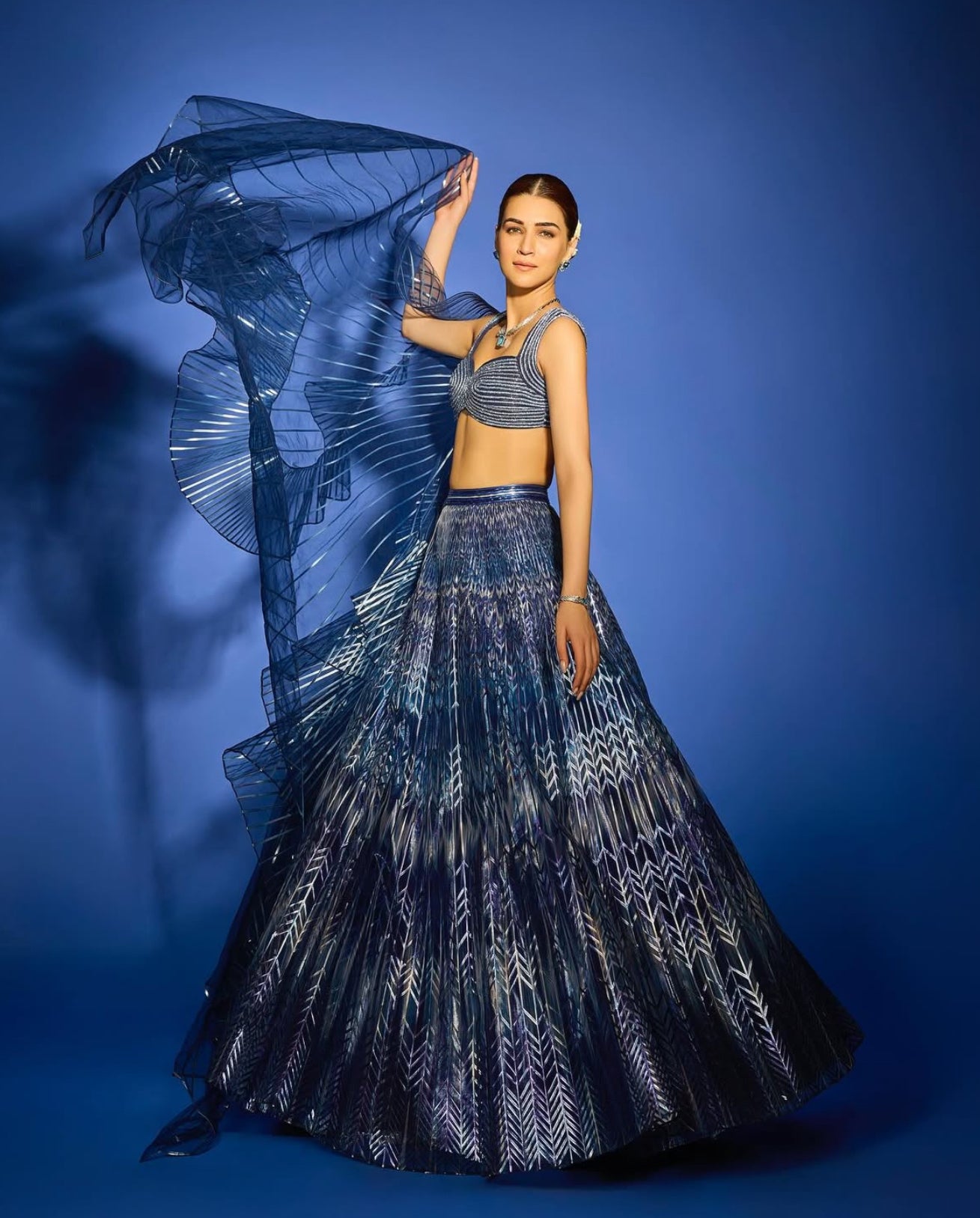 Metallic Fluted Tulle Printed Skirt With Ruffle Drape And Structured Crystalvein Top