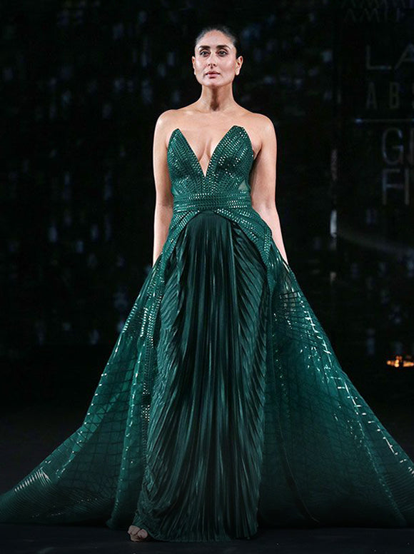 Kareena Kapoor in Emerald Metallic Off Shoulder Gown