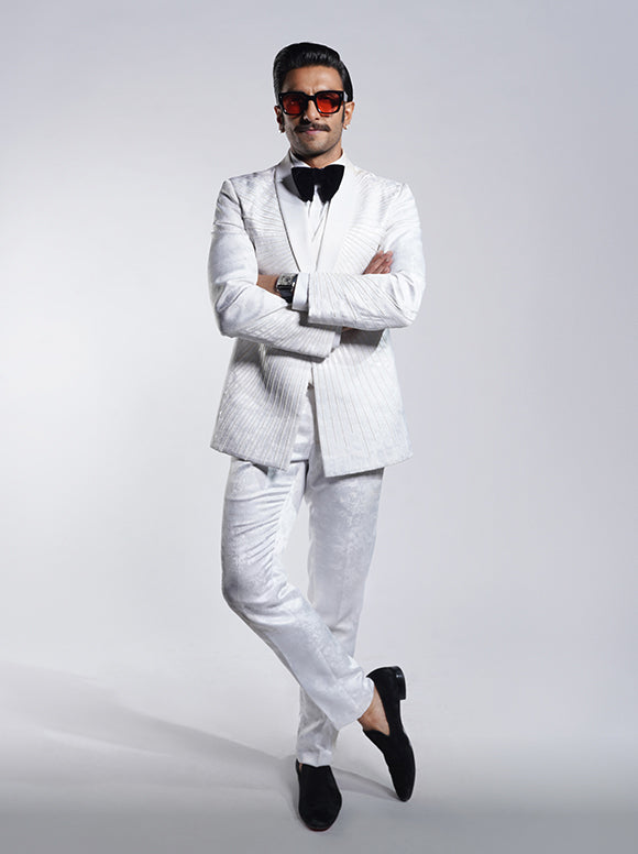 White Jacquard Embroidered Starburst Structured Tuxedo And Pant Set