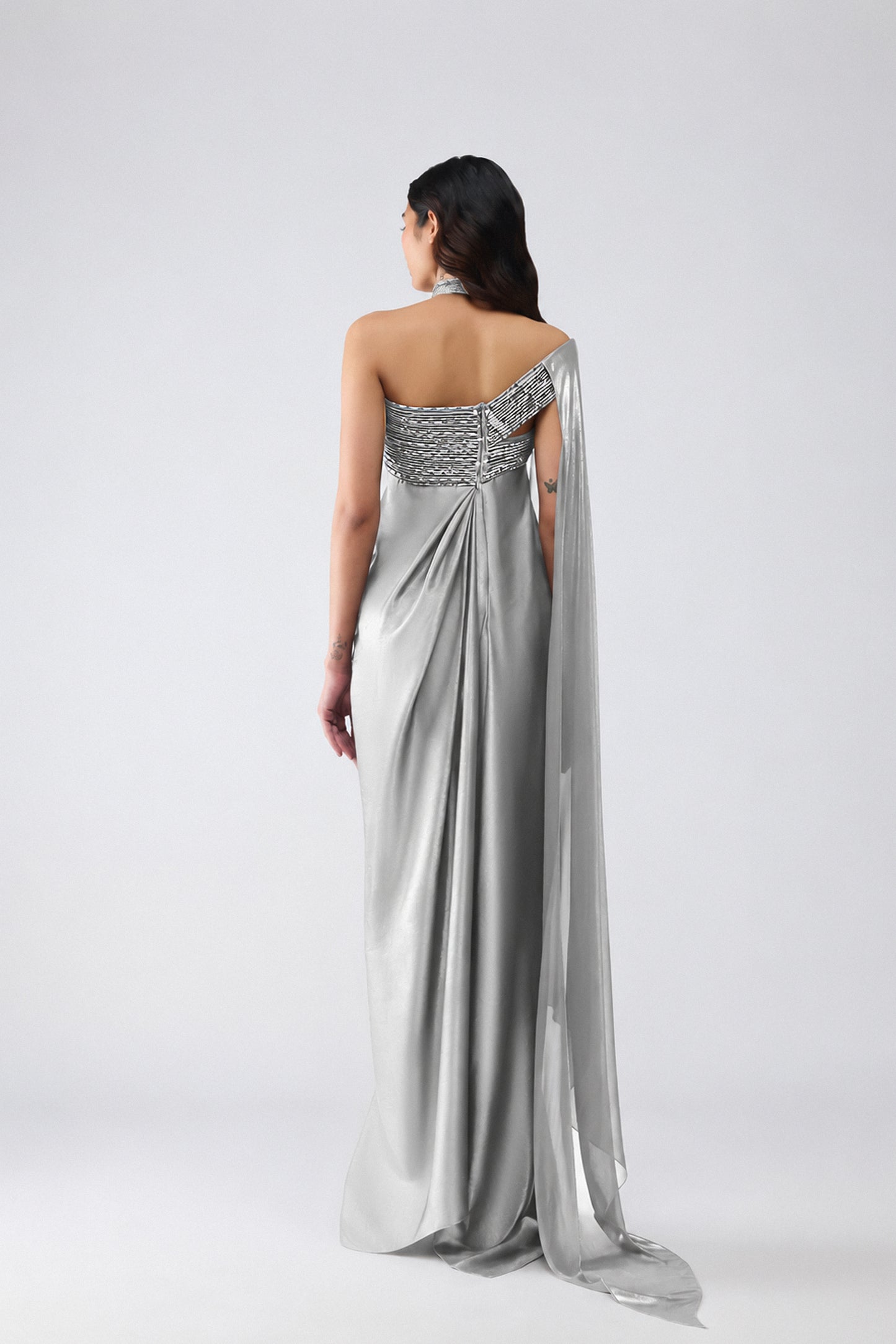 Banarsi Halter Dress With Sleeve Drape