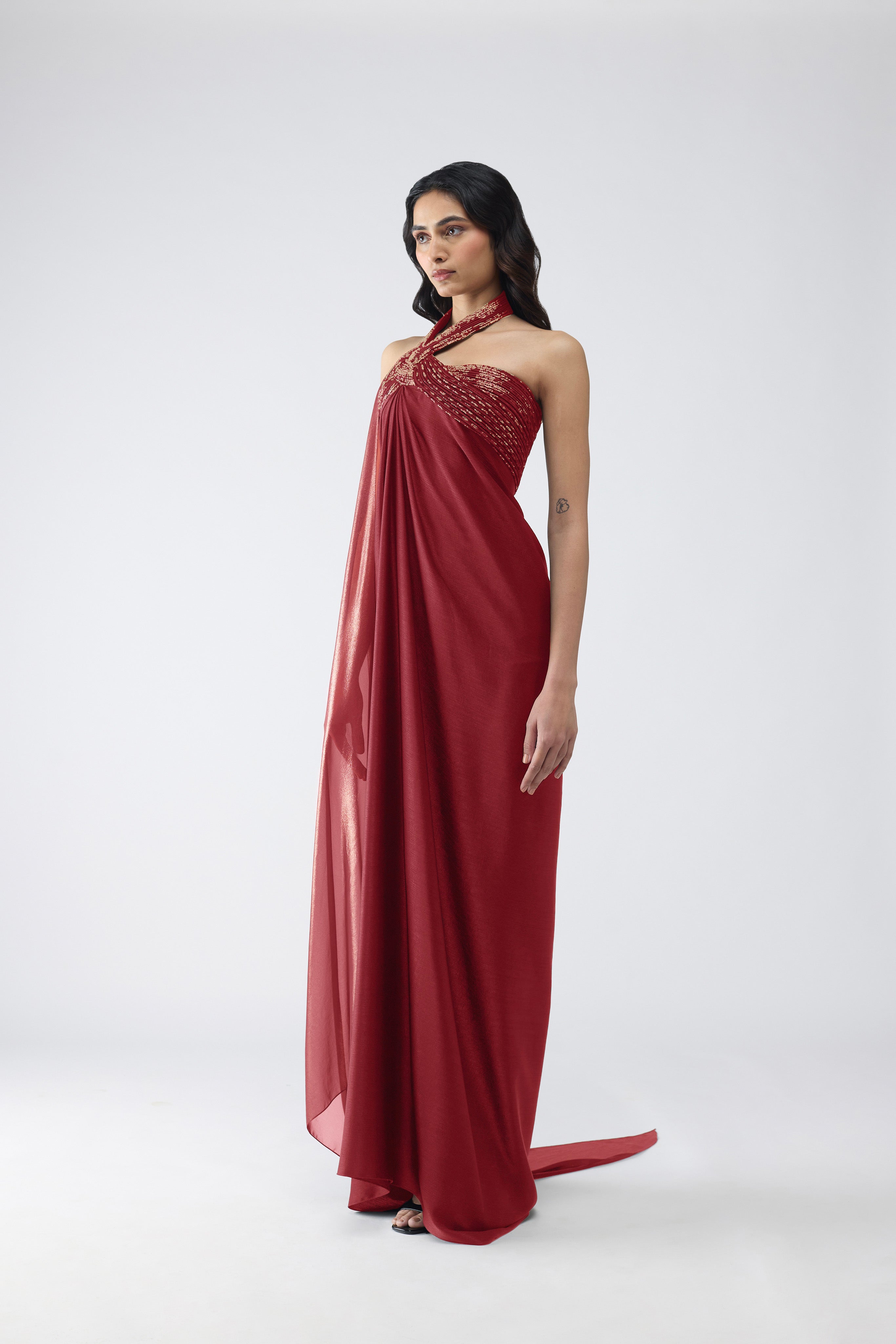 Banarsi Halter Dress With Sleeve Drape