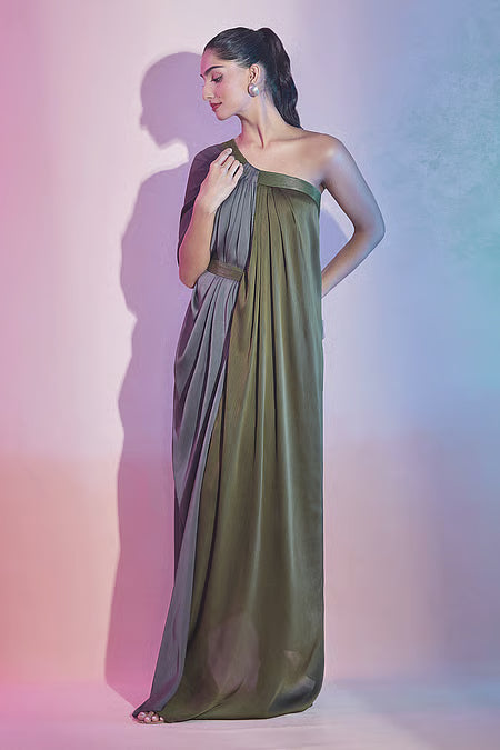 Chiffon One Shoulder Draped Color Block Dress