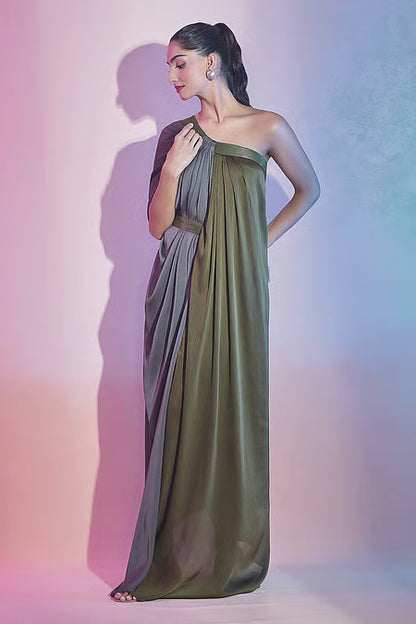Chiffon One Shoulder Draped Color Block Dress