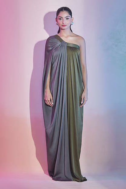 Chiffon One Shoulder Draped Color Block Dress