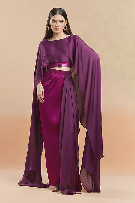 Satin Metallic Thread Cape Top And Draped Skirt Set