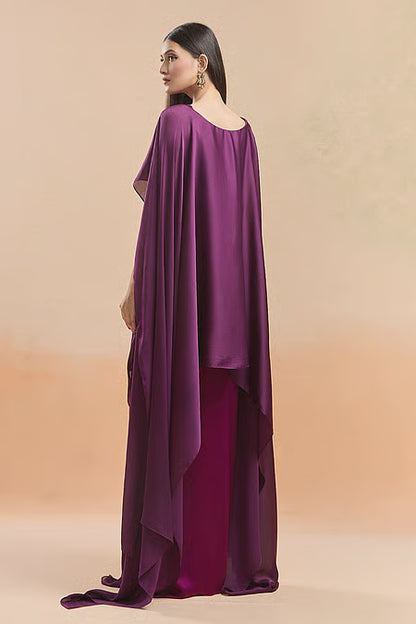 Satin Metallic Thread Cape Top And Draped Skirt Set