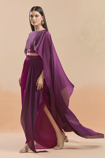 Satin Metallic Thread Cape Top And Draped Skirt Set