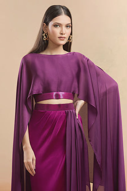 Satin Metallic Thread Cape Top And Draped Skirt Set
