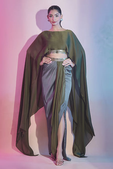 Satin Metallic Thread Cape Top And Draped Skirt Set