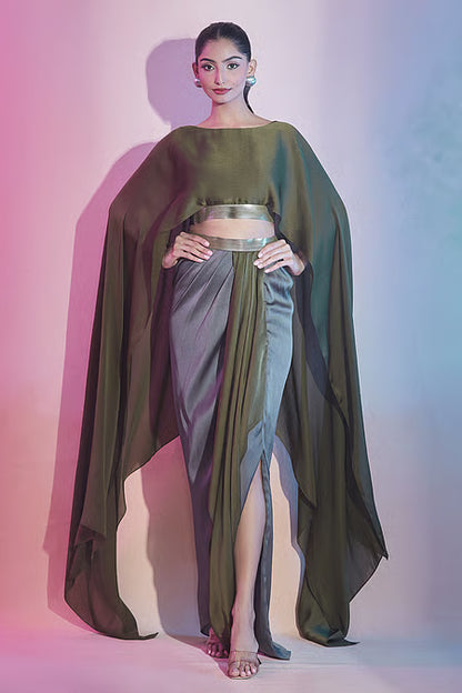 Satin Metallic Thread Cape Top And Draped Skirt Set