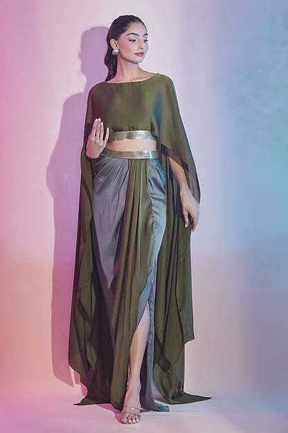 Satin Metallic Thread Cape Top And Draped Skirt Set