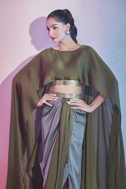 Satin Metallic Thread Cape Top And Draped Skirt Set