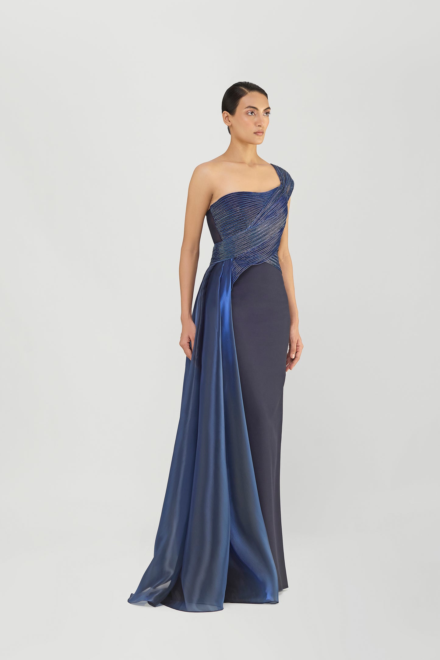 Moulded Corded Gown With Beads And A  Liquid Mesh Drape