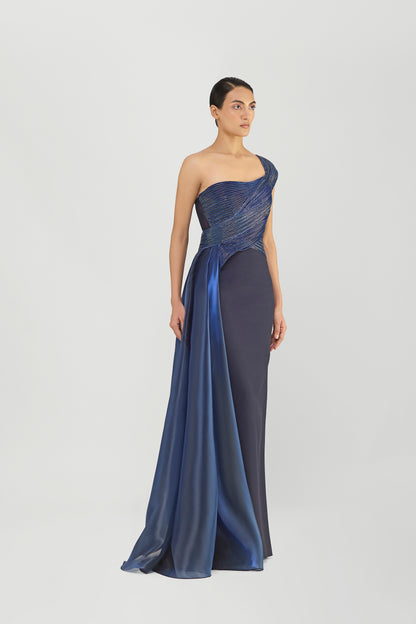 Moulded Corded Gown With Beads And A  Liquid Mesh Drape