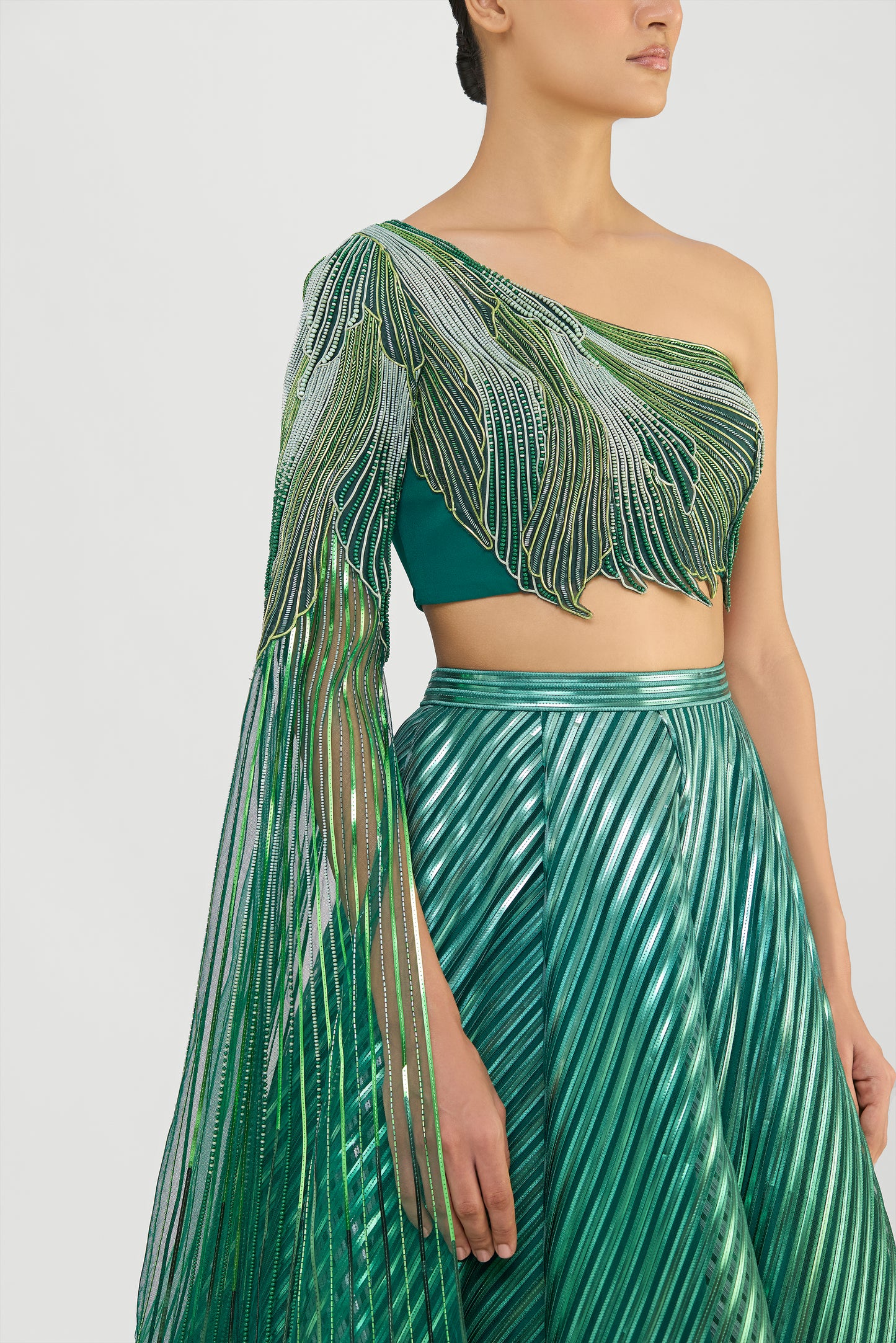 Metallic Fluted Tulle Printed Skirt And Beaded  One Shouldered Top