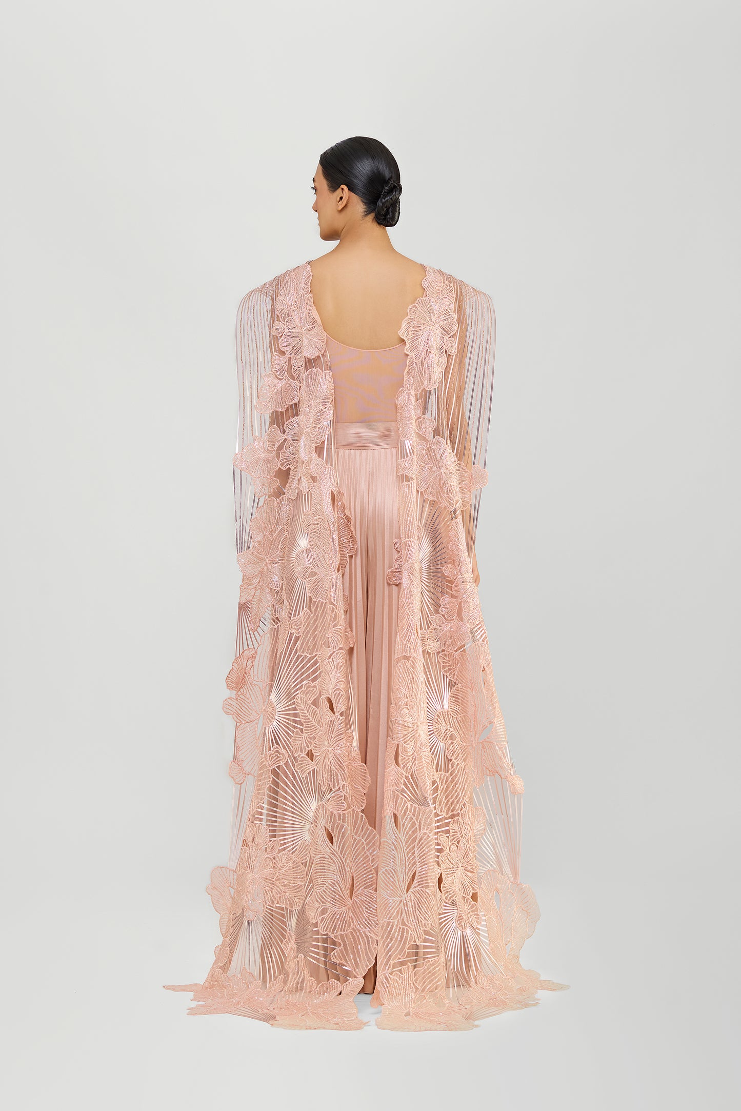 Structured Gown With Metallic Sunray Coral Palla And Plisse Skirt