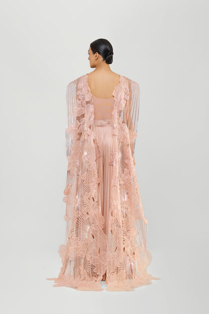 Structured Gown With Metallic Sunray Coral Palla And Plisse Skirt