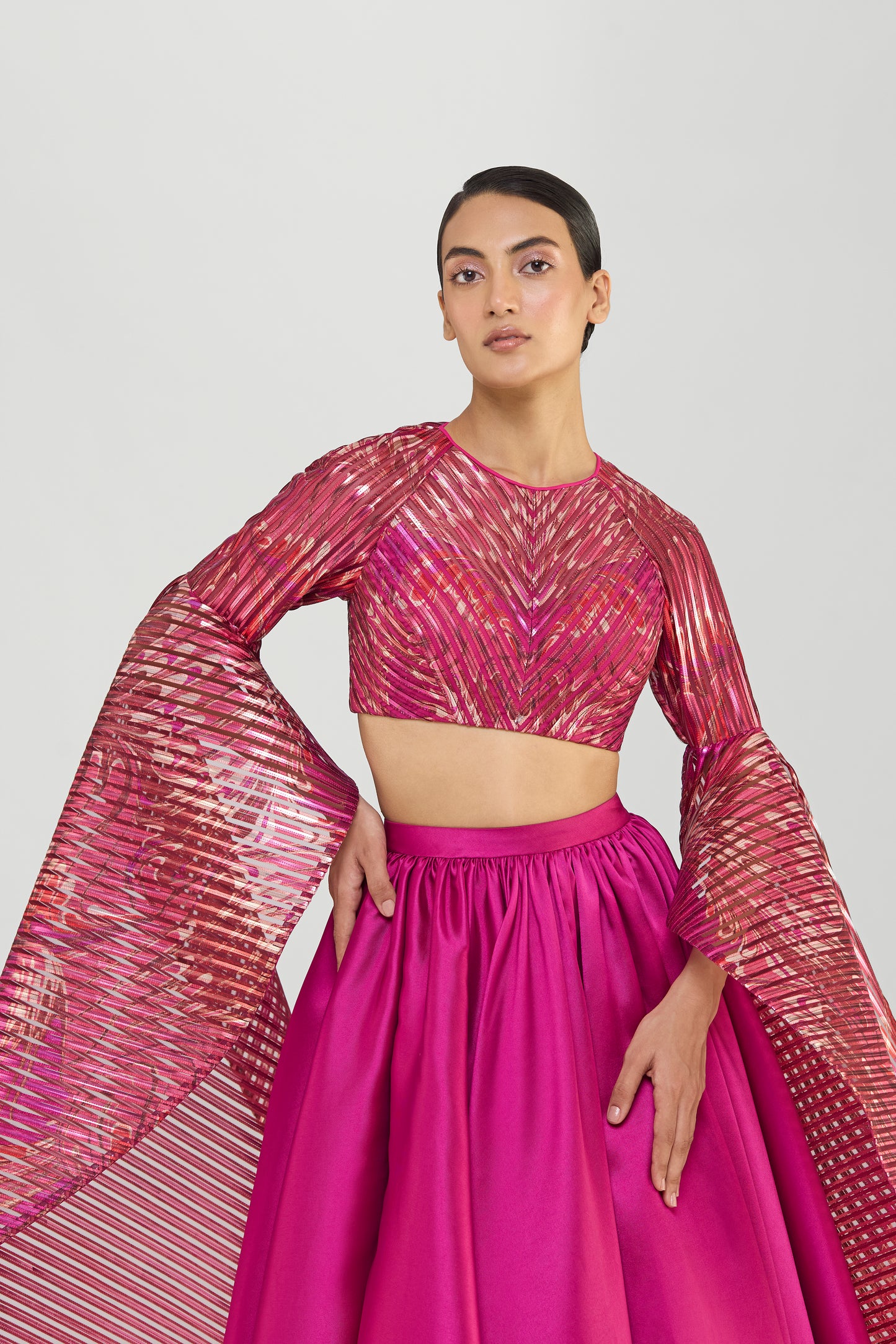 Metallic Printedtop With Wings And Luxe Twill Skirt