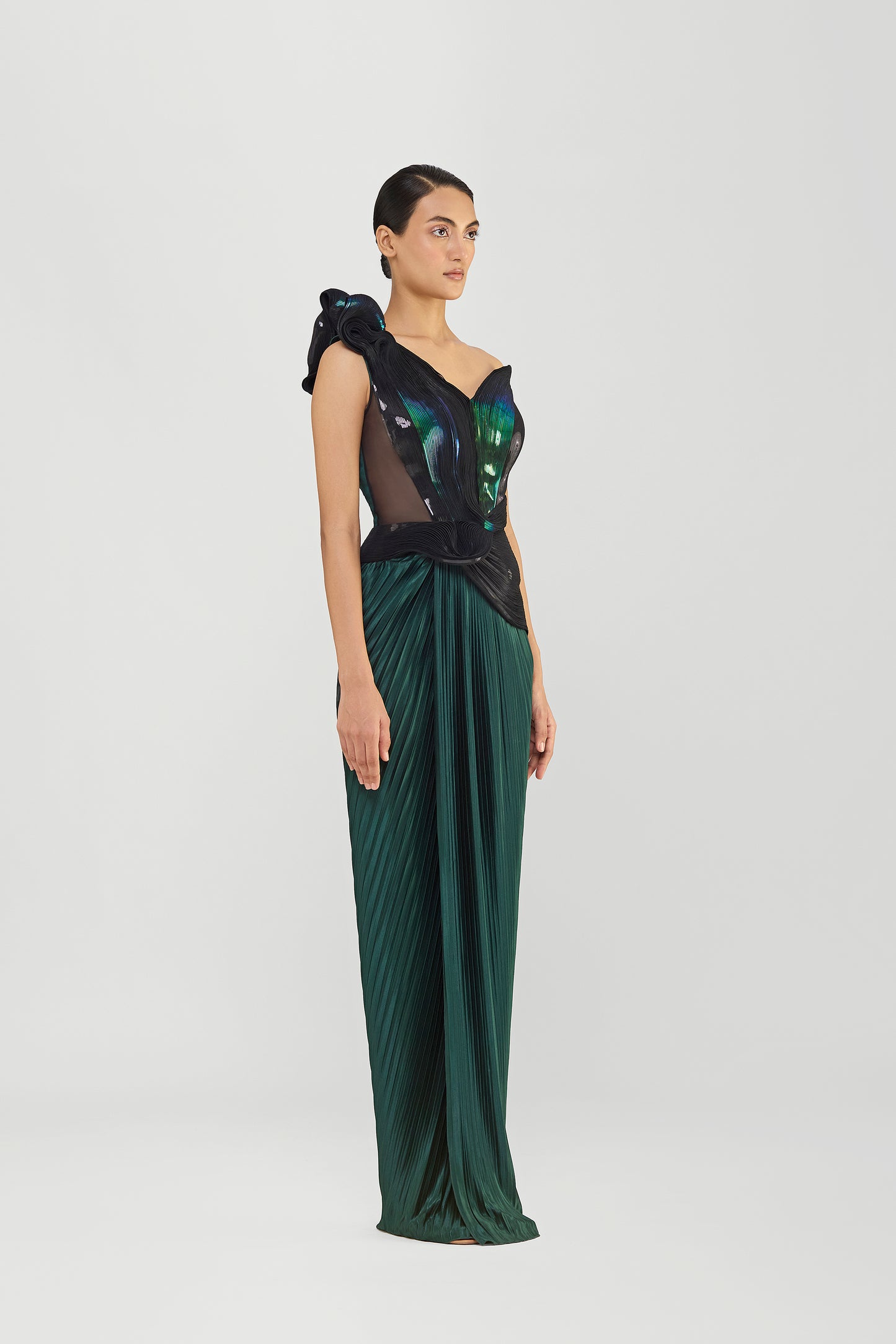 Moulded Metallic Off The Shoulder Gown With Plisse  Drape
