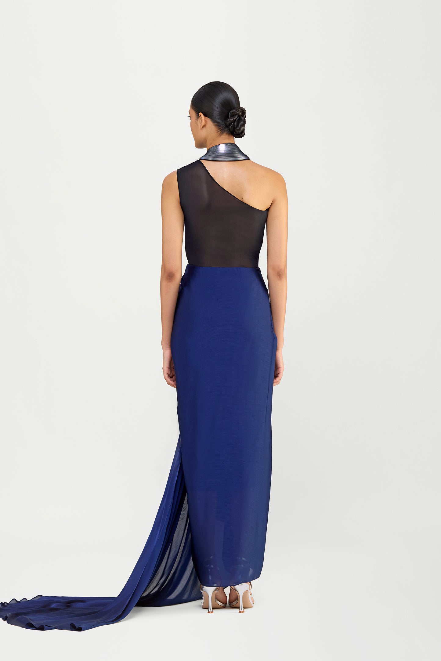 Moulded Metallic Micropleated Gown With Chiffon Drape