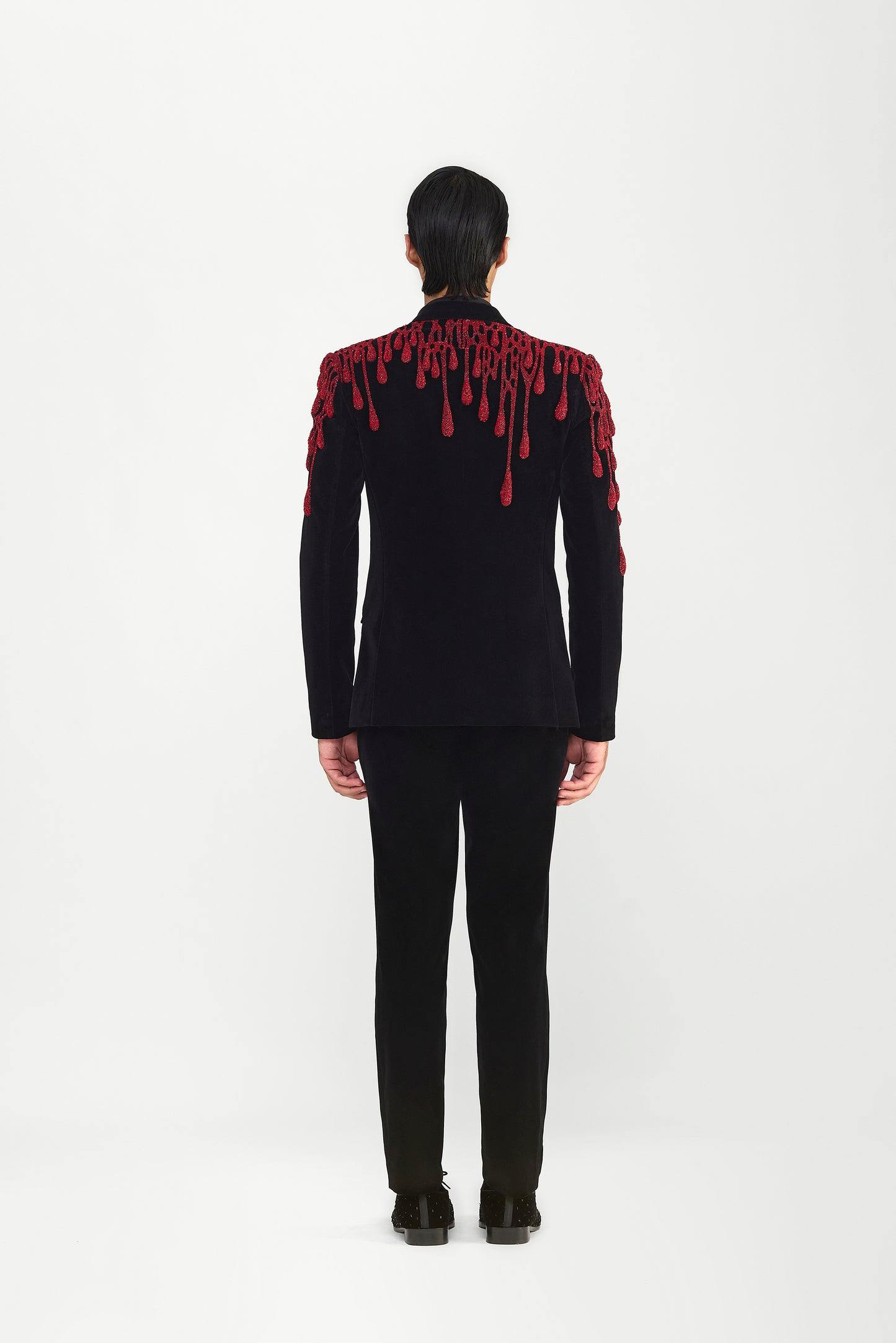 Red Drip Embroidery Tuxedo Set In Velvette