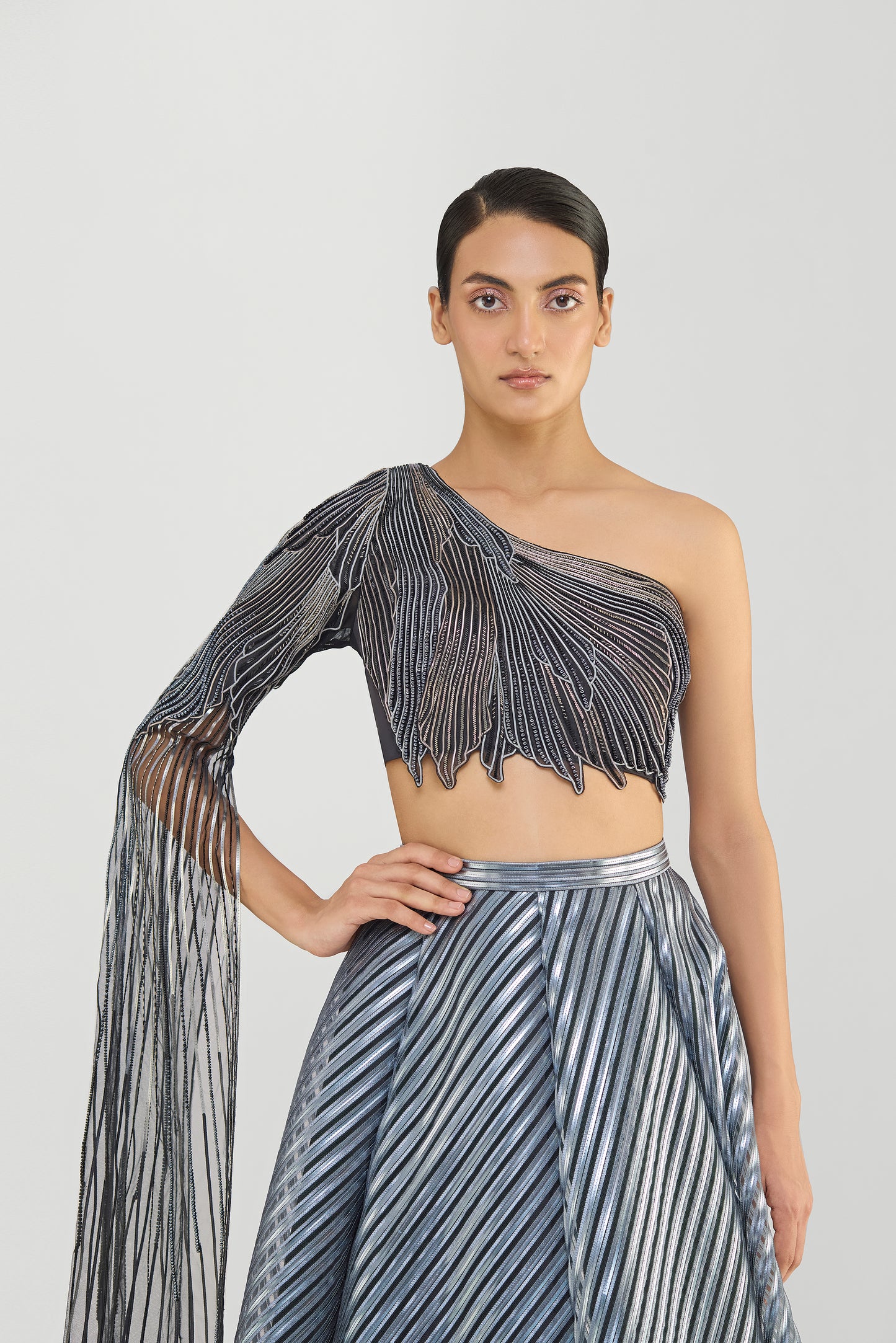 Metallic Fluted Tulle Printed Skirt And Beaded  One Shouldered Top