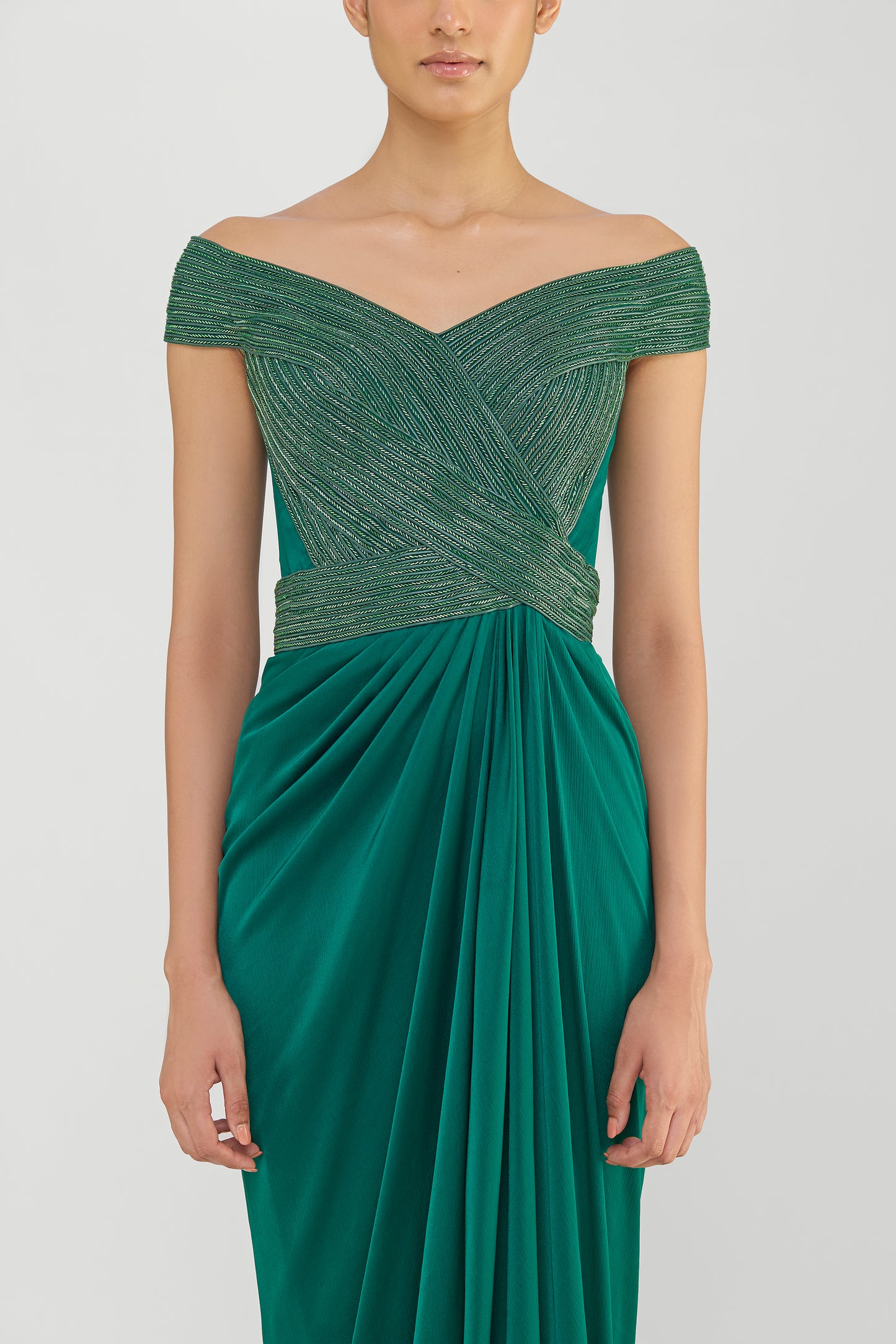 Moulded Corded Gown With Beads And A Chiffon Drape