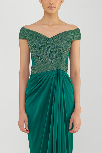 Moulded Corded Gown With Beads And A Chiffon Drape