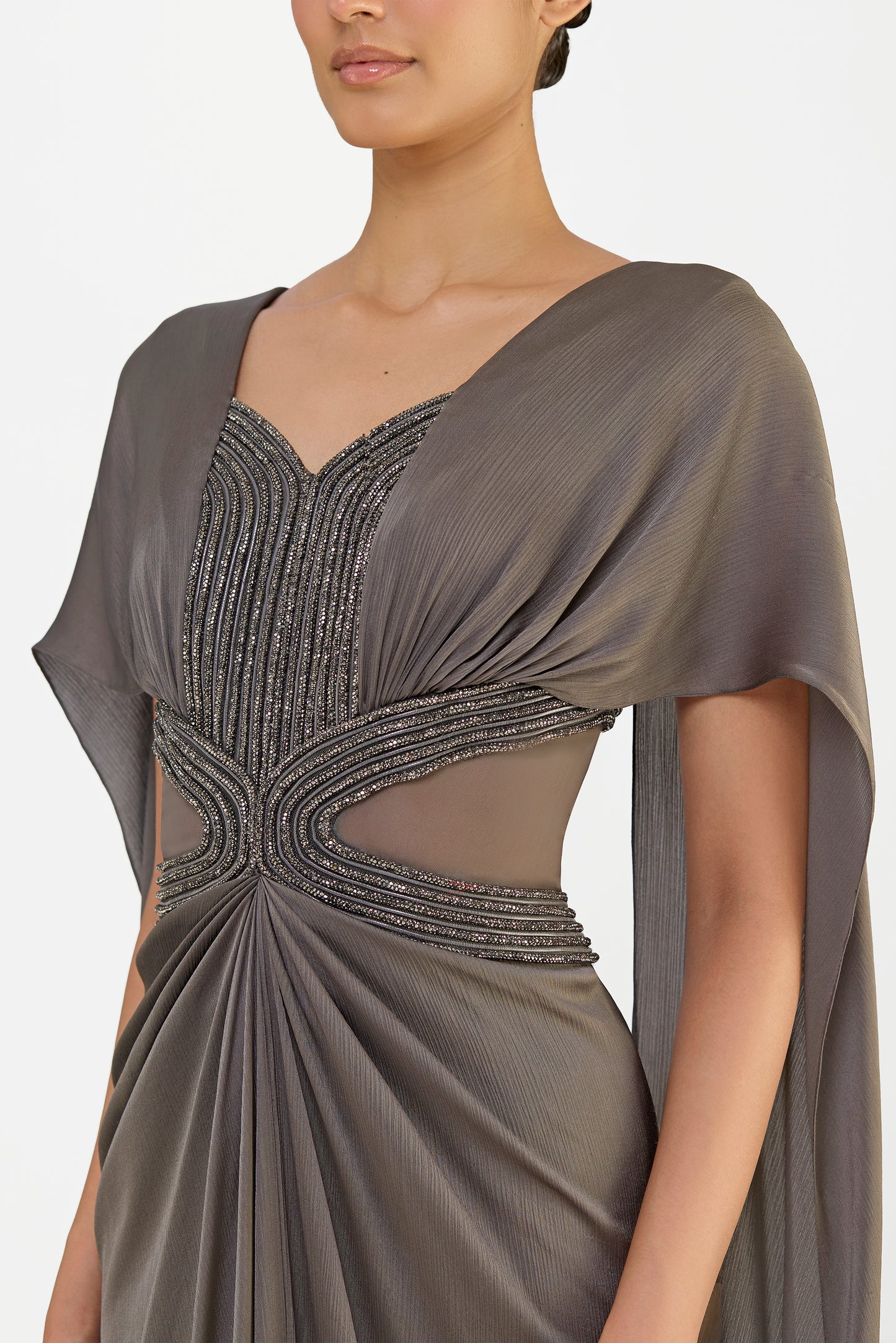 Crystalvein Chiffon Draped Gown With Wings