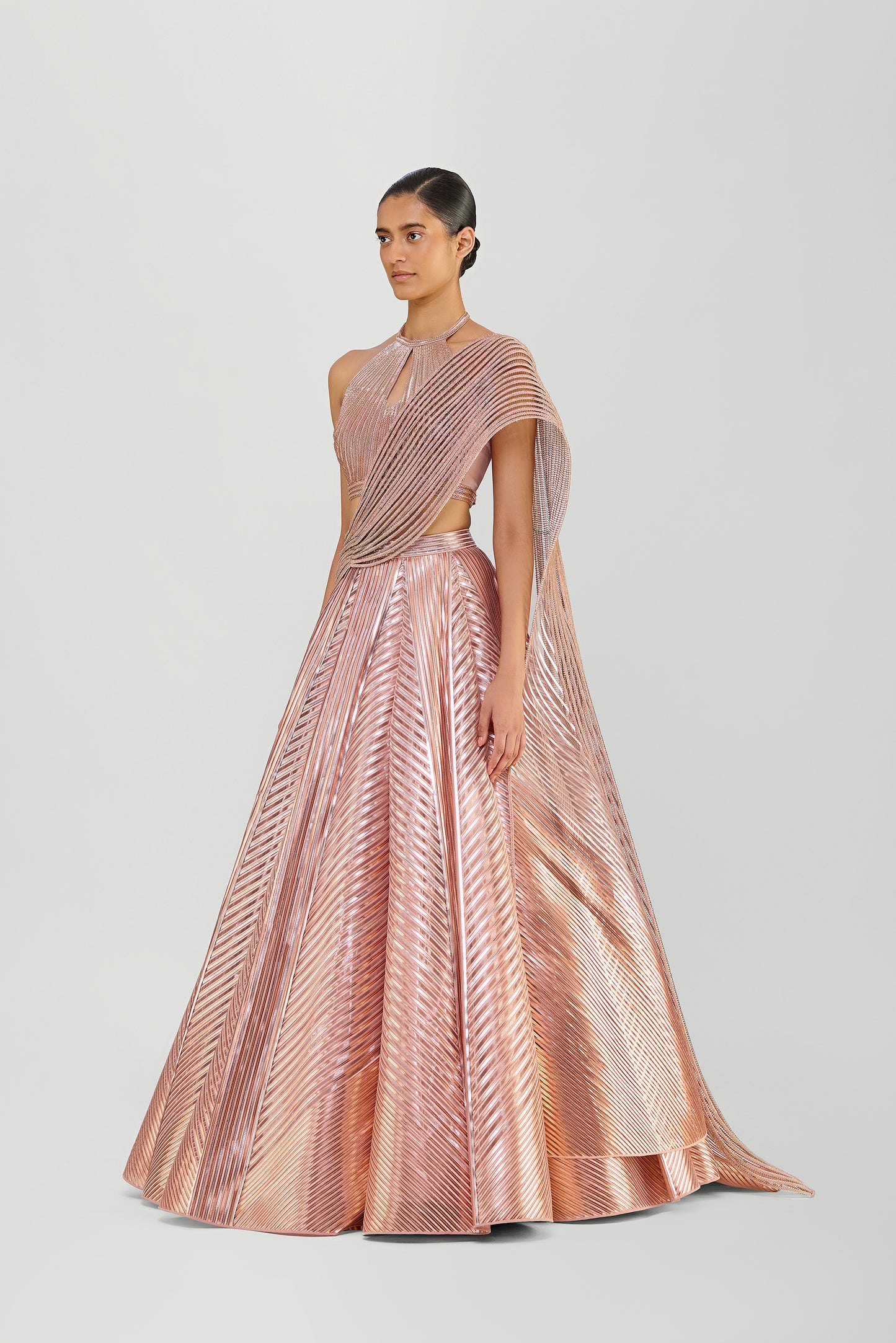 Metallic Fluted Tulle Skirt With A Beaded Halter Top And Crystalvein Drape
