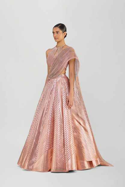 Metallic Fluted Tulle Skirt With A Beaded Halter Top And Crystalvein Drape