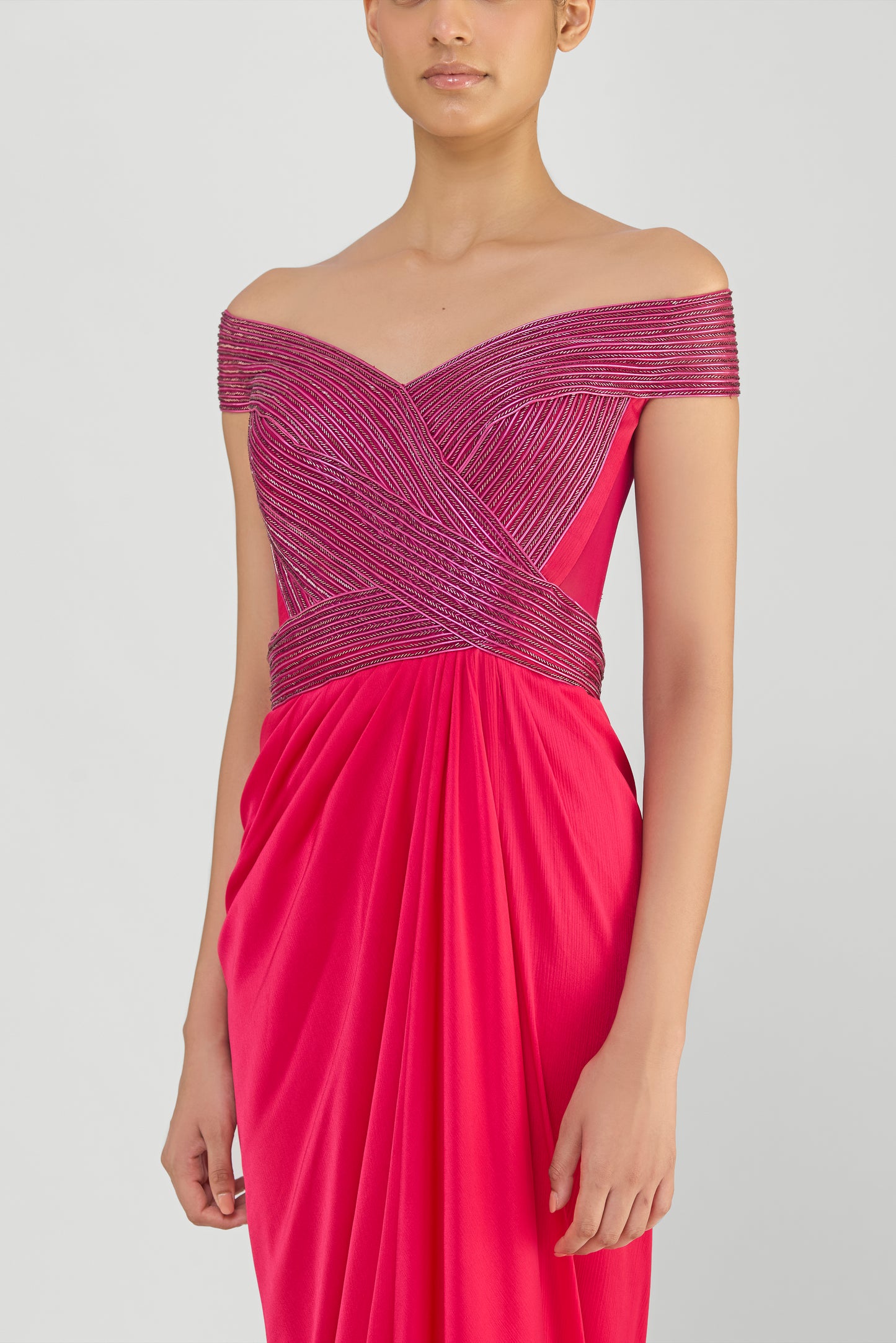 Moulded Corded Gown With Beads And A Chiffon Drape