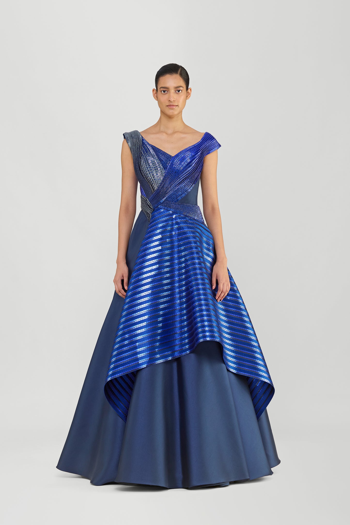 Structured Lamina Scales Flared Gown