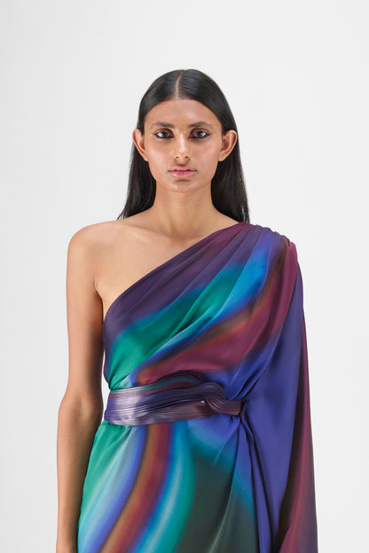 Metallic One Shoulder Watercolor Dress