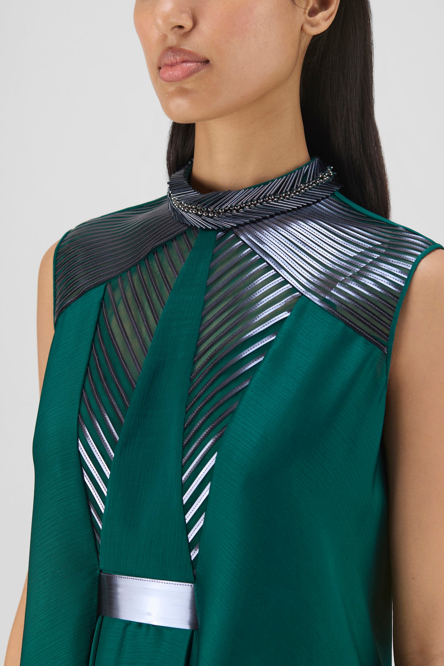 Metallic Paneled Dress With Beads