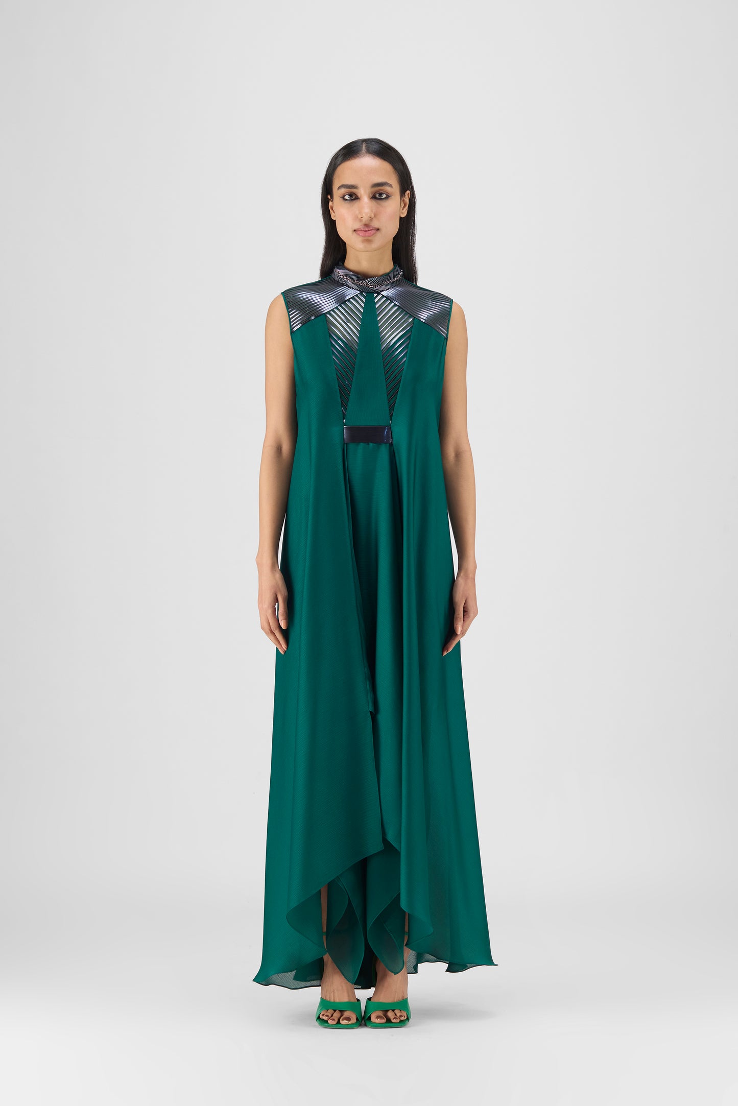 Metallic Paneled Dress With Beads