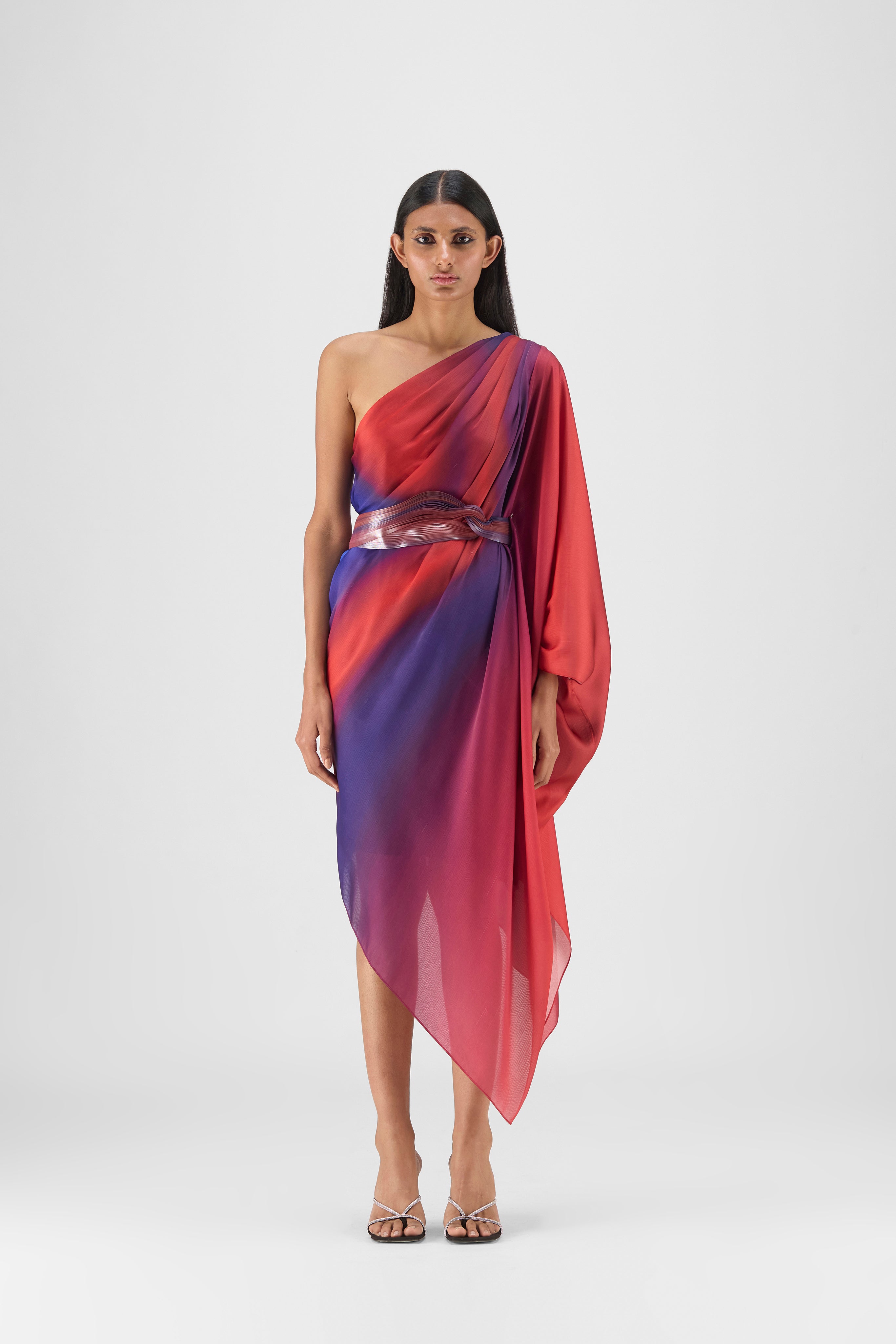 Metallic One Shoulder Watercolor Dress