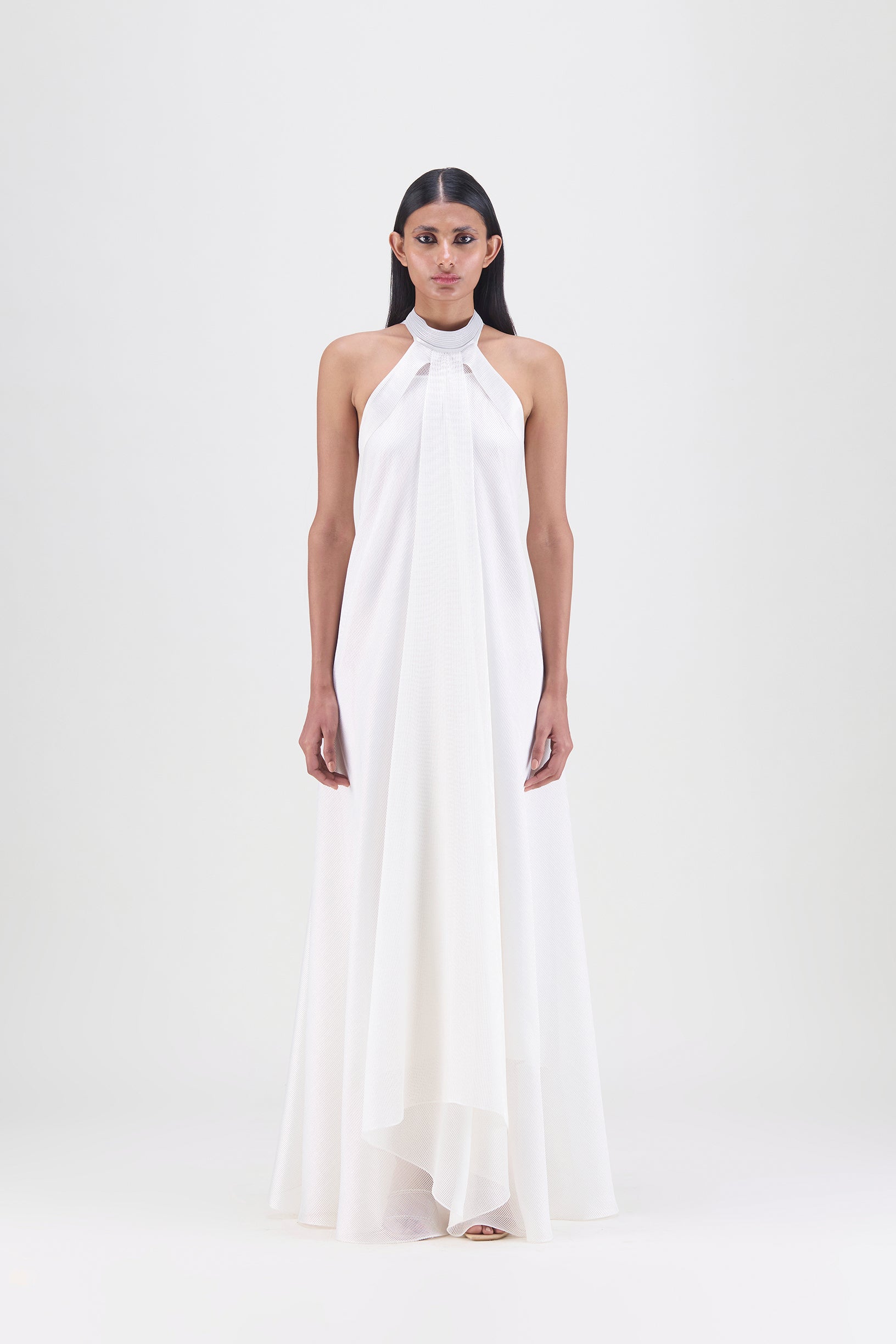 Metallic Fluid Halter Dress