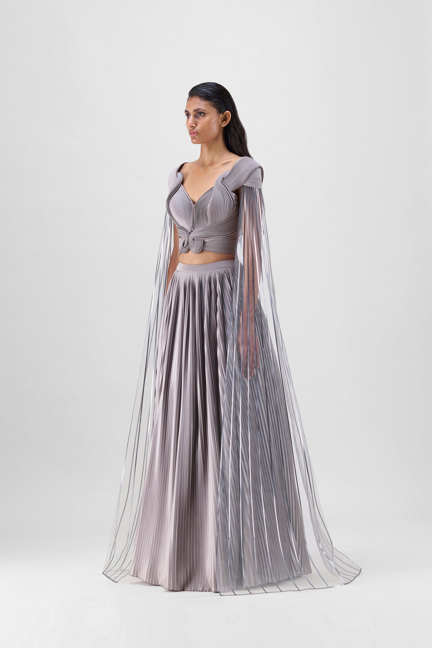 Structured Strata Pleated Top With  Plissé  Skirt