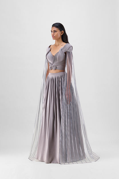 Structured Strata Pleated Top With  Plissé  Skirt
