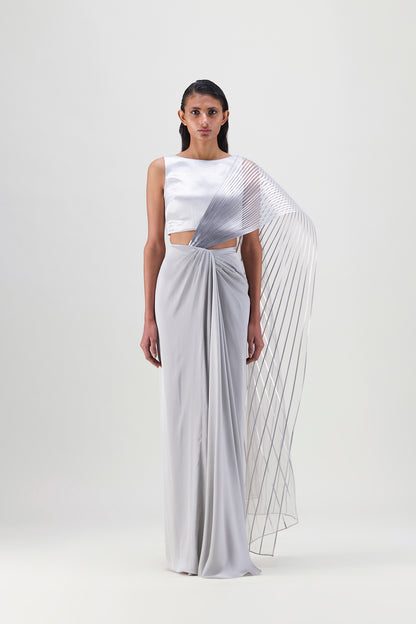 METALLIC WINGED DRAPED CHIFFON SAREE