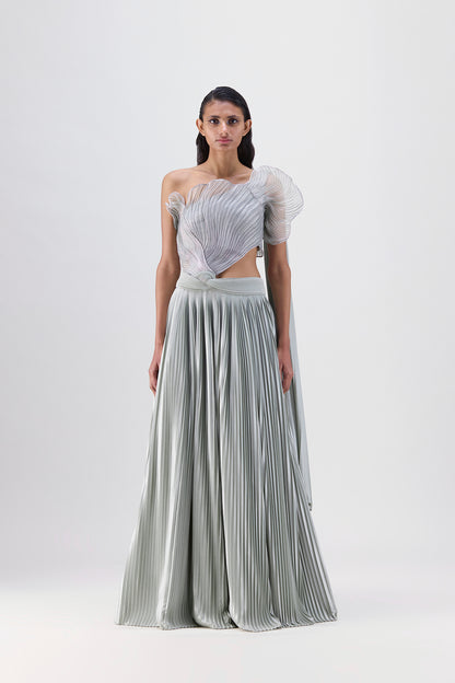 Corded Coral Top And  Plissé  Skirt