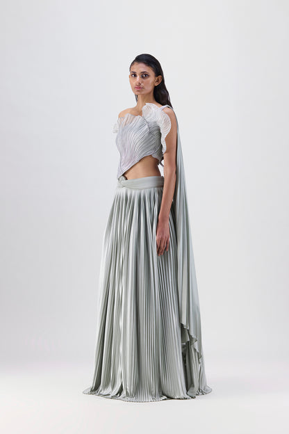 Corded Coral Top And  Plissé  Skirt