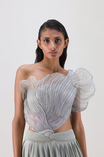 Corded Coral Top And  Plissé  Skirt