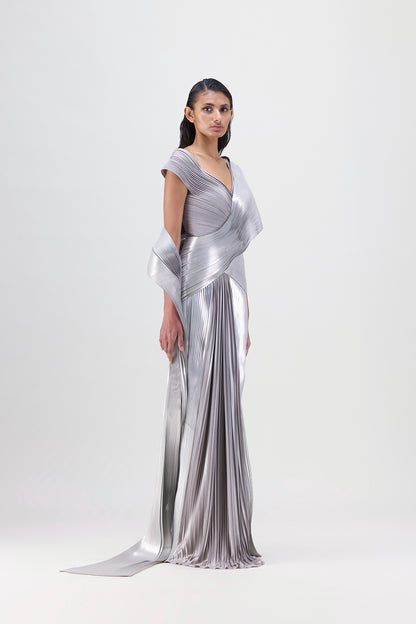 Structured Top With Metallic Micro Pleated Saree