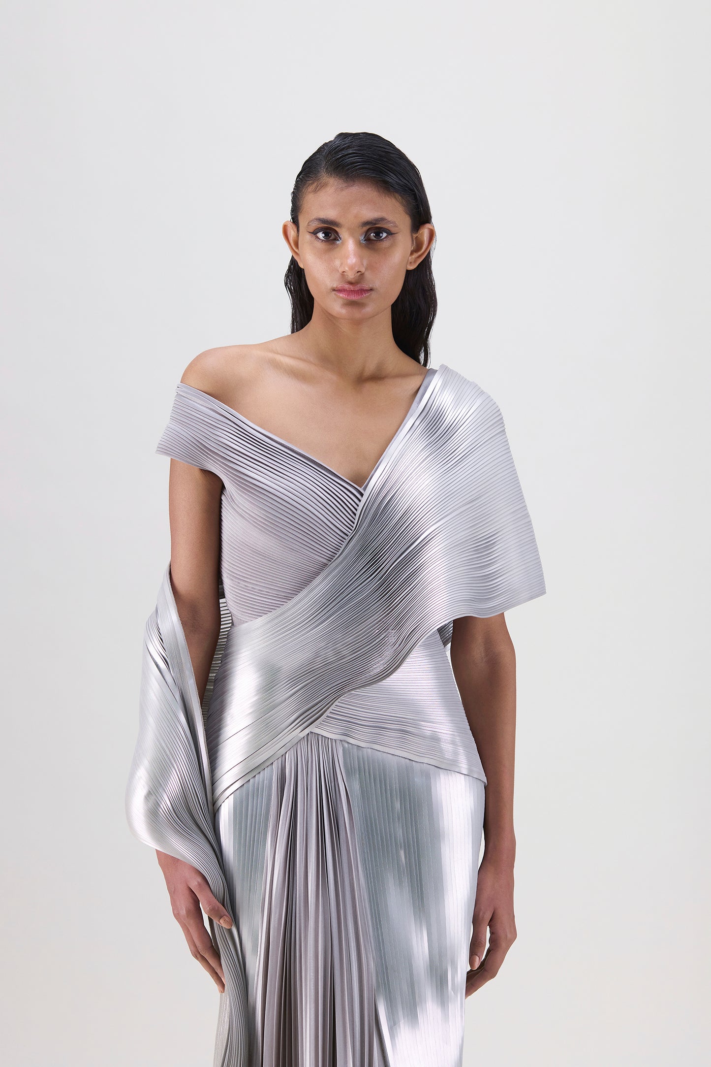 Structured Top With Metallic Micro Pleated Saree
